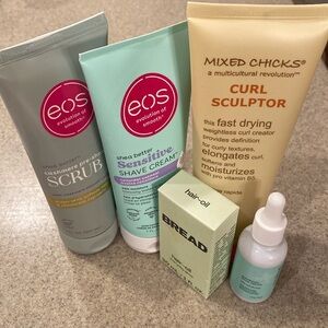 Fun bundle including curl sculptor, shave creams, acne serum, hair oil